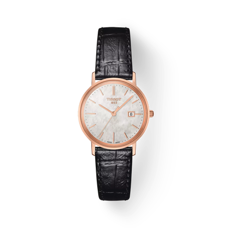 Front view of the watch Tissot Goldrun Gold 29mm with shadow