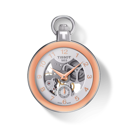 Vista frontal del reloj Tissot Pocket Mechanical Skeleton con sombra