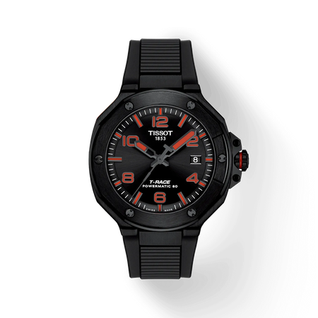 มุมมองด้านหน้าของนาฬิกา Tissot T-Race 41mm พร้อมเงา