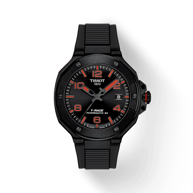 Front view of the watch Tissot T-Race 41mm with shadow