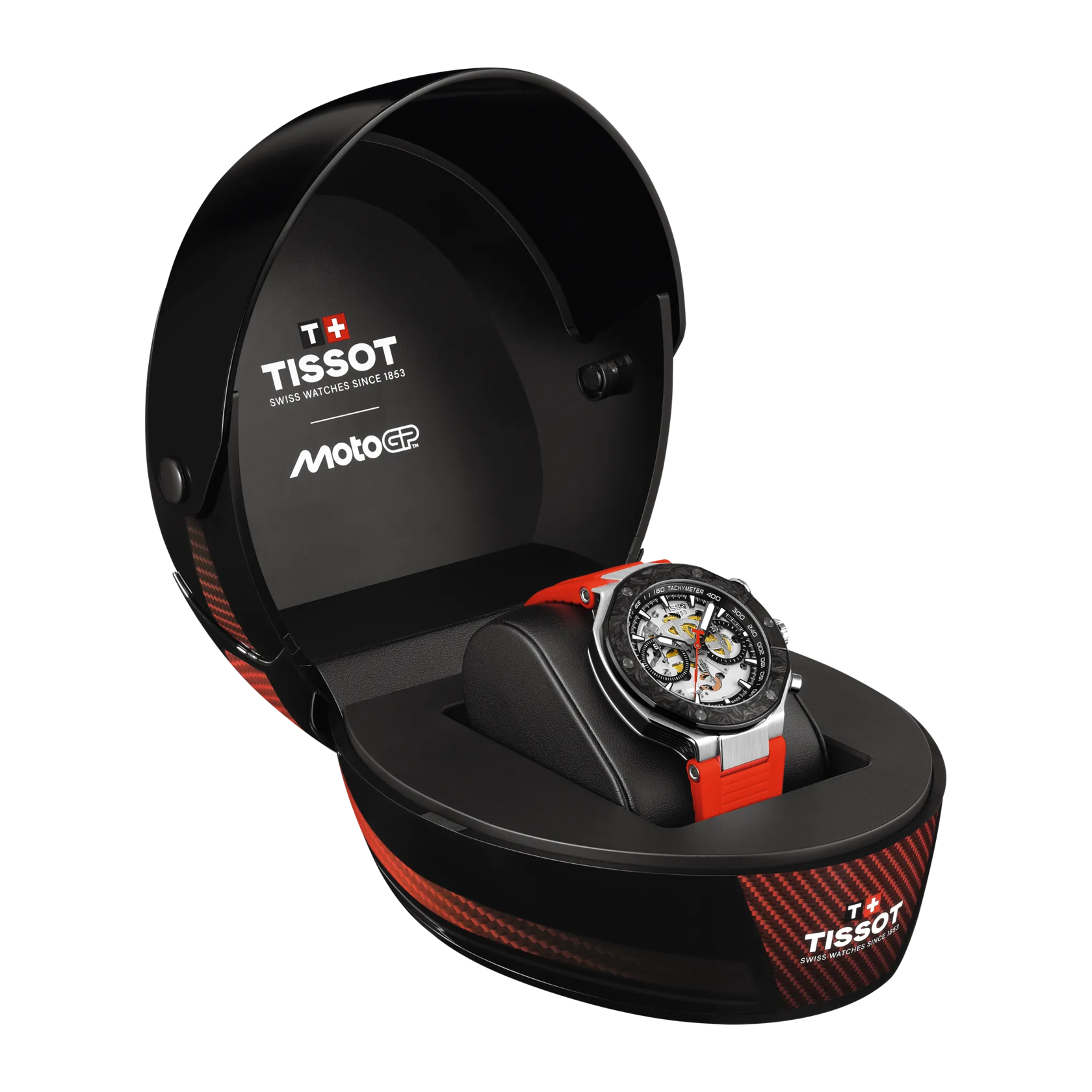 Front view of the watch Tissot T-Race MotoGP 2026 45mm with opened
