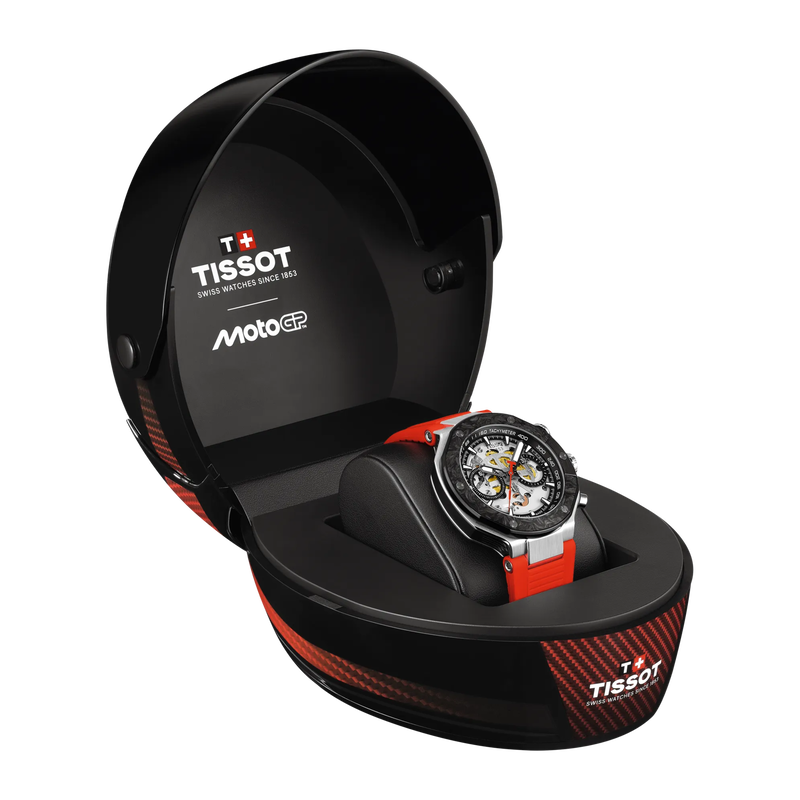 Front view of the watch Tissot T-Race MotoGP 2026 45mm with opened