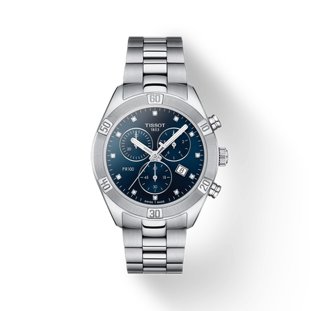 Front view of the watch Tissot PR 100 Sport Chic 38mm with shadow