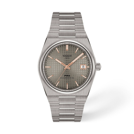 Front view of the watch Tissot PRX Titanium 38mm with shadow