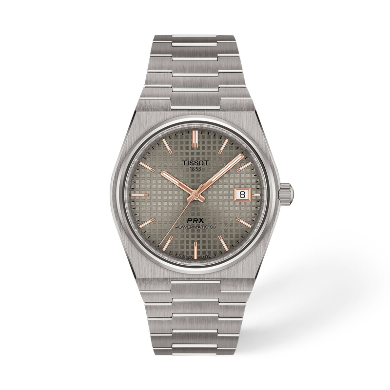 Front view of the watch Tissot PRX Titanium 38mm with shadow