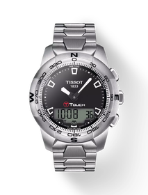 Front view of the watch Tissot T-Touch II Stainless Steel with shadow