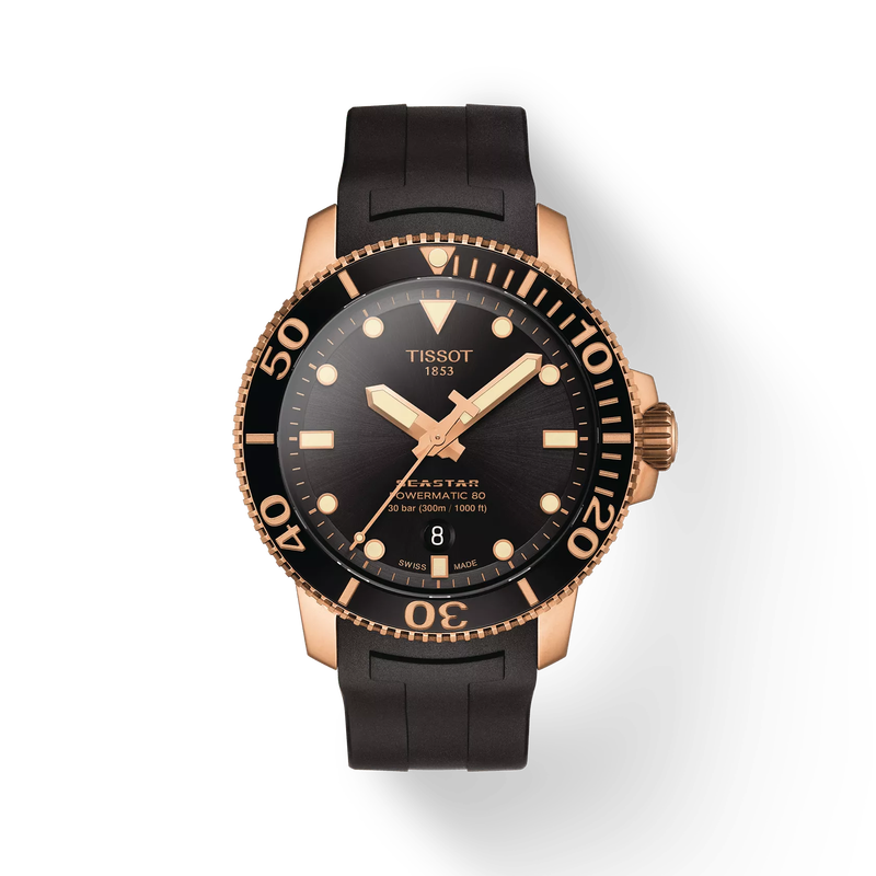 Vista frontal del reloj Tissot Seastar 1000 Powermatic 80 con sombra