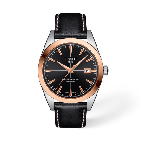 Vista frontal del reloj Tissot Gentleman Gold bezel 40mm con sombra