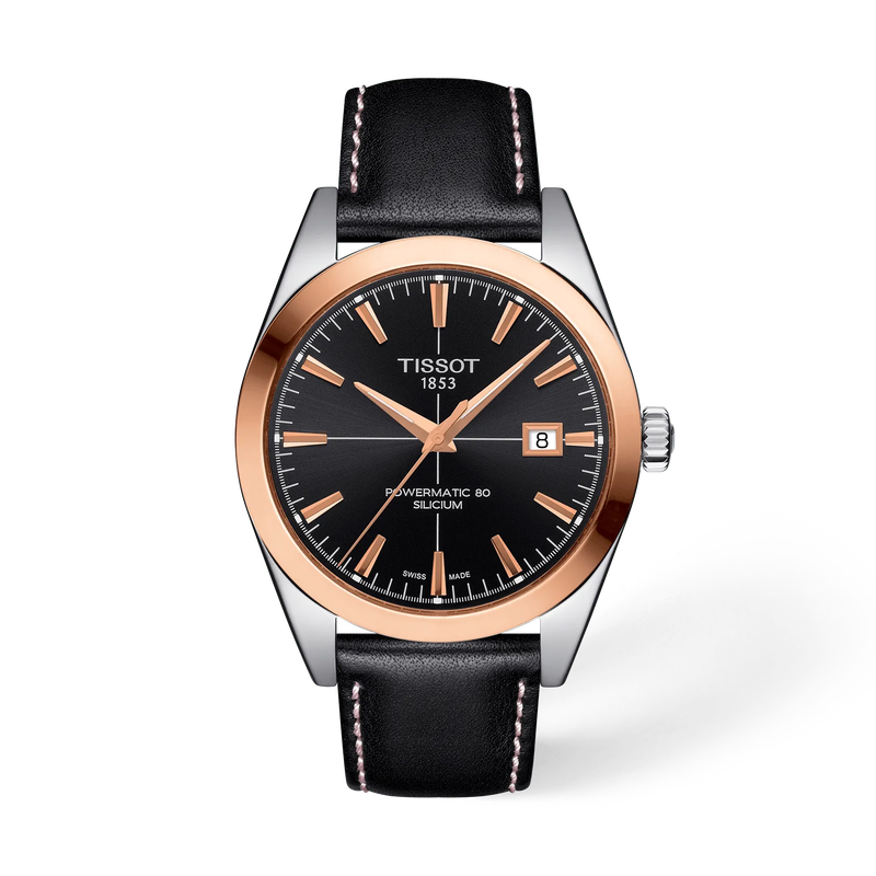 Vue de face de la montre Tissot Gentleman Gold bezel 40mm avec ombre