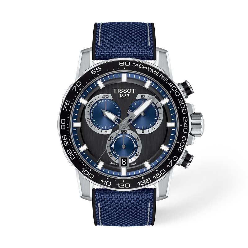 Front view of the watch Tissot Supersport Chrono 45.5mm with shadow