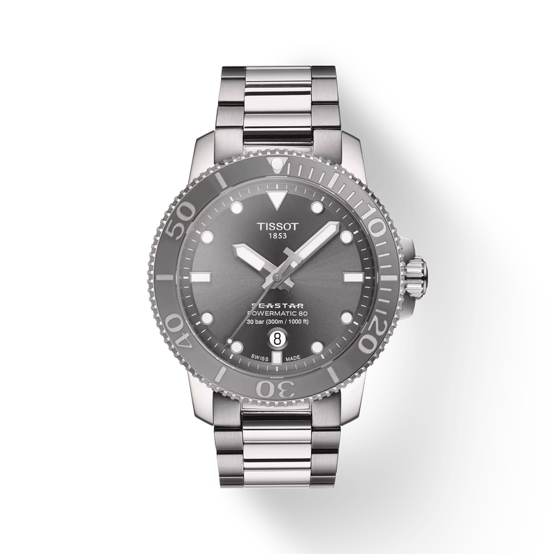 Front view of the watch Tissot Seastar 1000 43mm with shadow