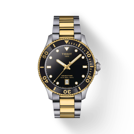 Front view of the watch Tissot Seastar 1000 40mm with shadow