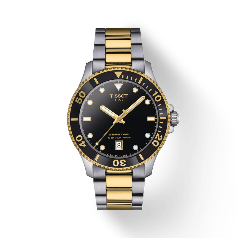 Front view of the watch Tissot Seastar 1000 40mm with shadow