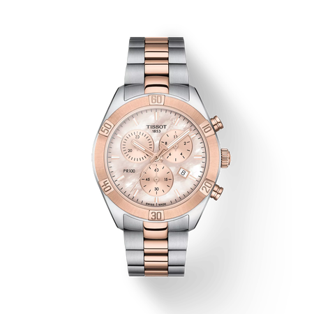 Vooraanzicht van het horloge Tissot PR 100 Sport Chic Chronograph met schaduw