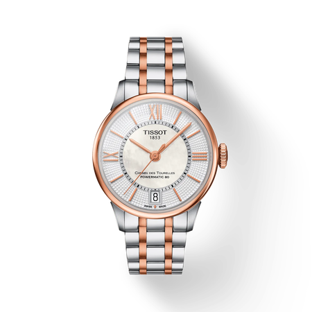 มุมมองด้านหน้าของนาฬิกา Tissot Chemin des Tourelles Powermatic 80 Lady พร้อมเงา