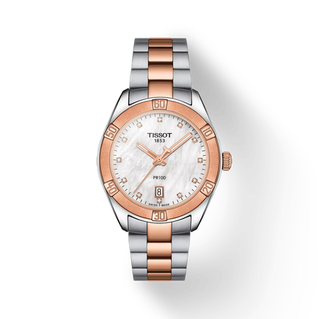 Front view of the watch Tissot PR 100 Sport Chic 36mm with shadow