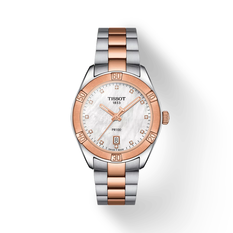 Front view of the watch Tissot PR 100 Sport Chic 36mm with shadow