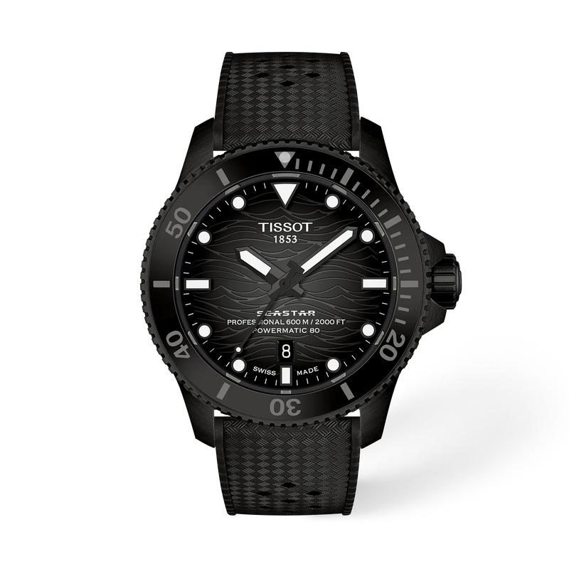 Vue de face de la montre Tissot Seastar 2000 44mm avec ombre