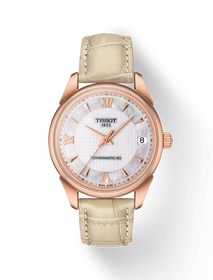 Front view of the watch Tissot Vintage Powermatic 80 Lady 18K Gold with shadow