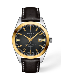 Vista frontal del reloj Tissot Gentleman Gold Bezel 40mm con sombra