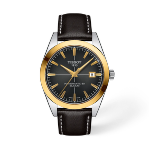 Front view of the watch Tissot Gentleman Gold Bezel 40mm with shadow