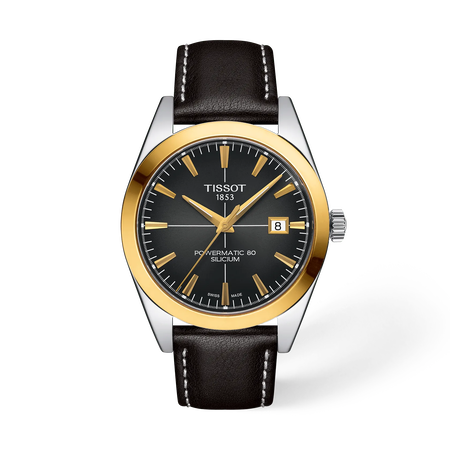Front view of the watch Tissot Gentleman Gold Bezel 40mm with shadow