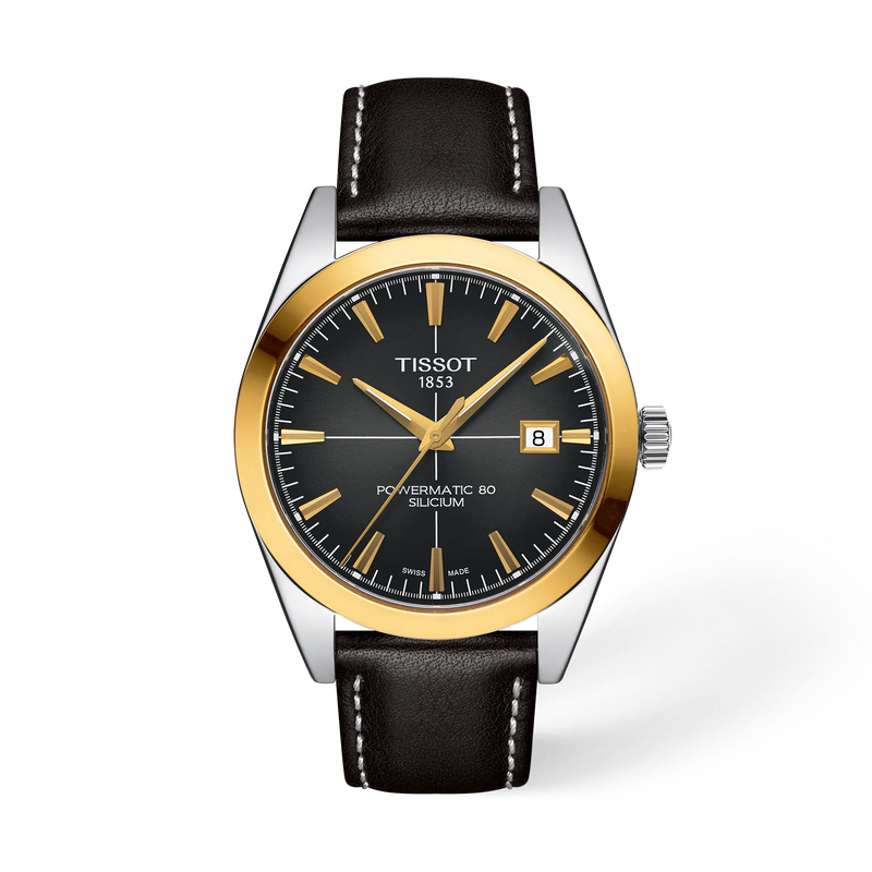 Front view of the watch Tissot Gentleman Gold Bezel 40mm with shadow