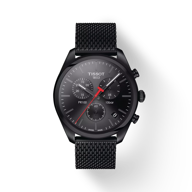 Front view of the watch Tissot PR 100 41mm with shadow