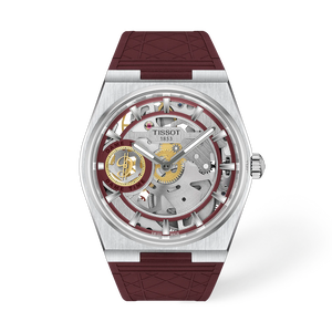 Front view of the watch Tissot PRX Skeleton Damian Lillard Special Edition with shadow