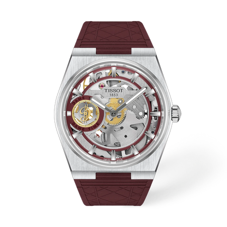 Front view of the watch Tissot PRX Skeleton Damian Lillard Special Edition with shadow