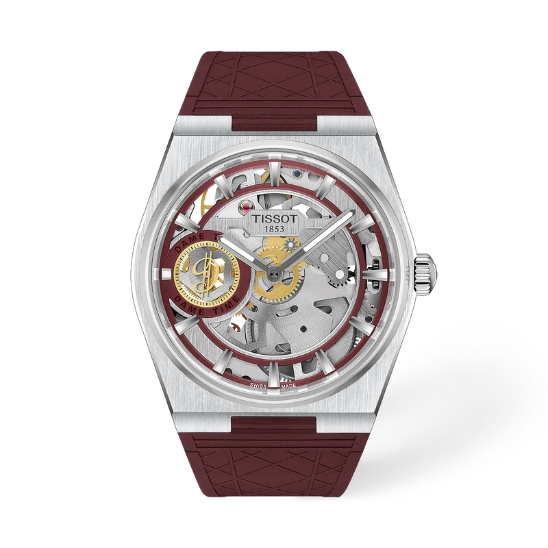 Front view of the watch Tissot PRX Skeleton Damian Lillard Special Edition with shadow