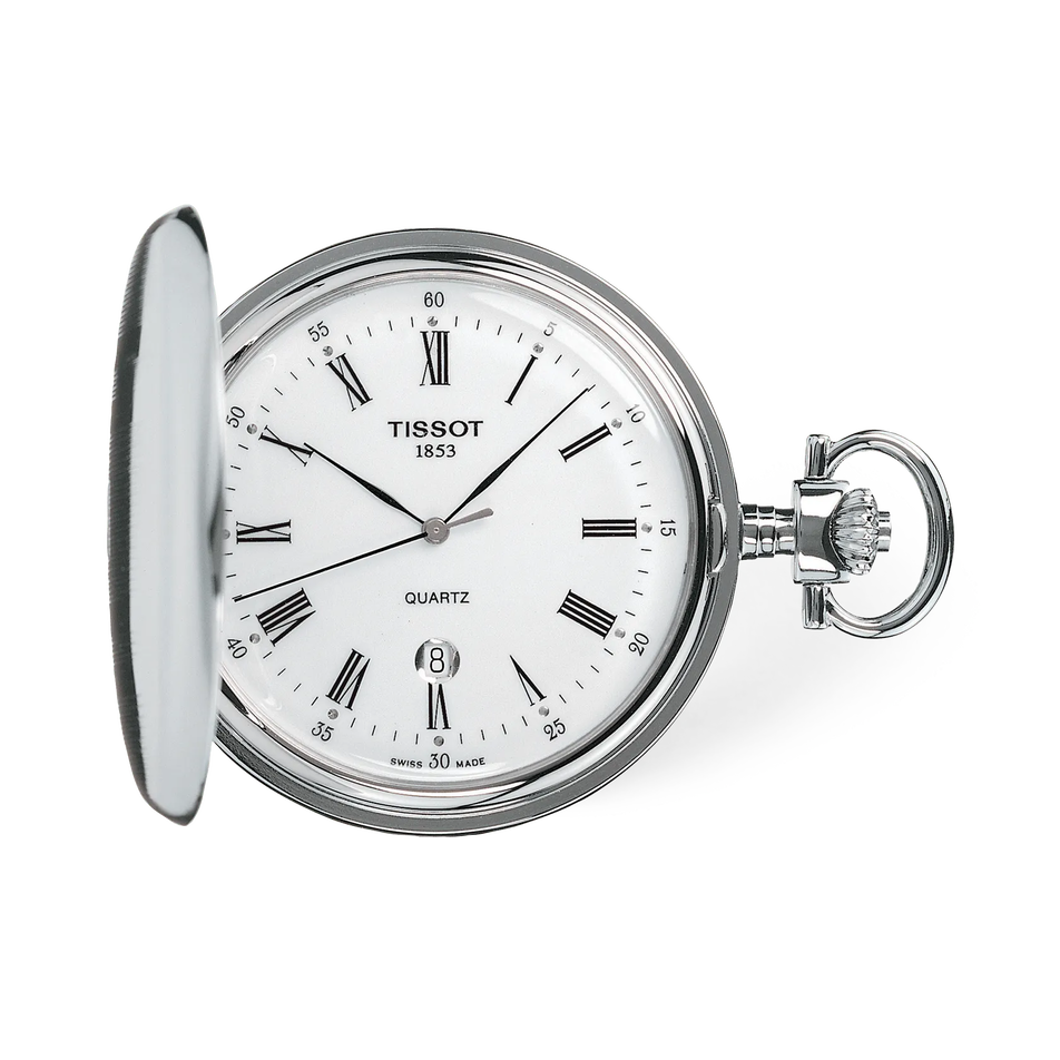 Front view of the watch Tissot Savonnette 48.5mm with shadow