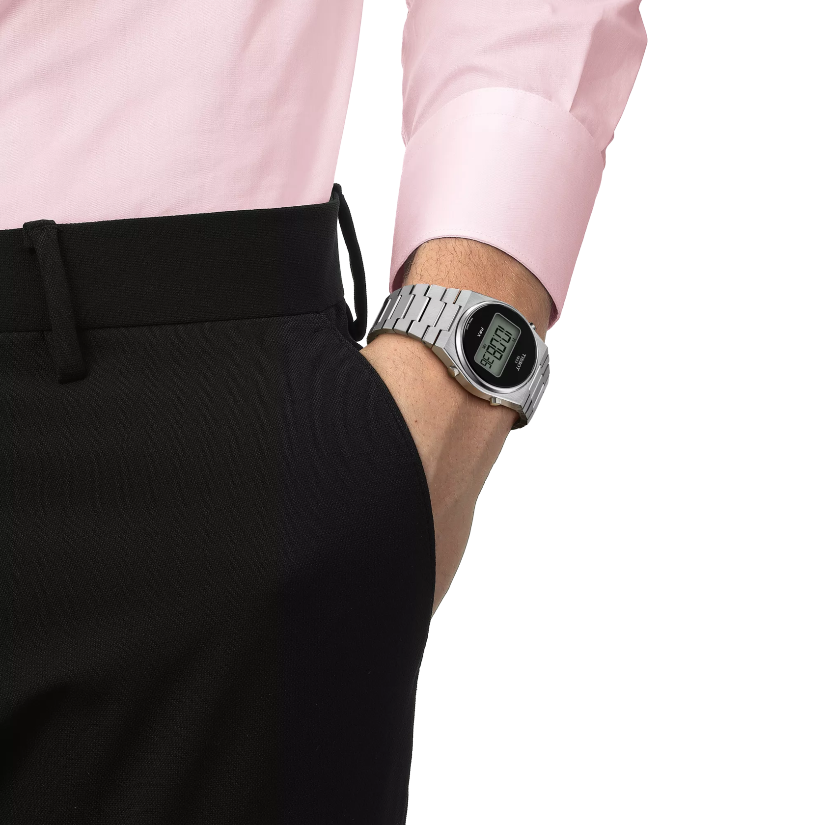 Simulation of the watch Tissot PRX Digital 35mm on a wrist