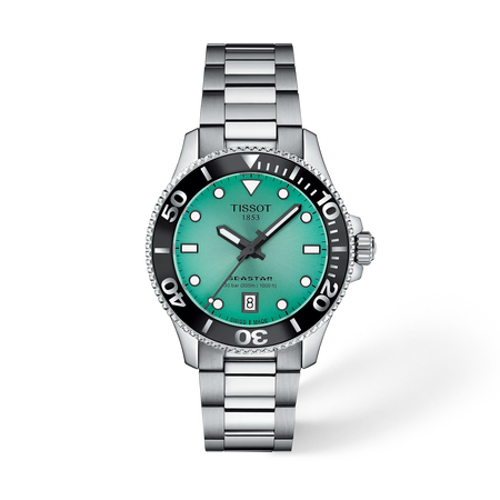 Vorderansicht der Uhr Tissot Seastar 1000 36mm mit Schatten