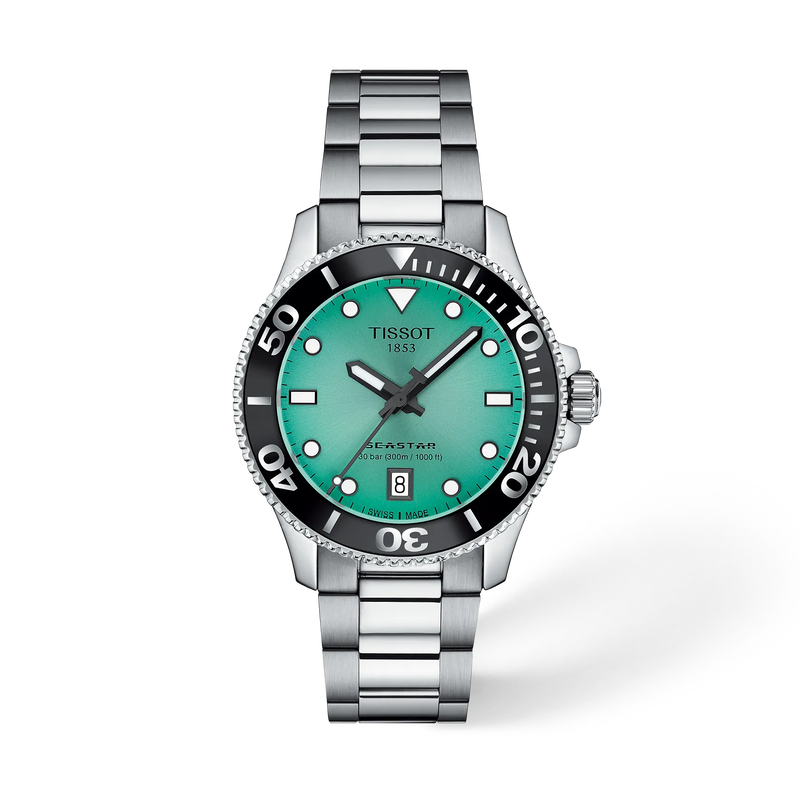 Front view of the watch Tissot Seastar 1000 36mm with shadow