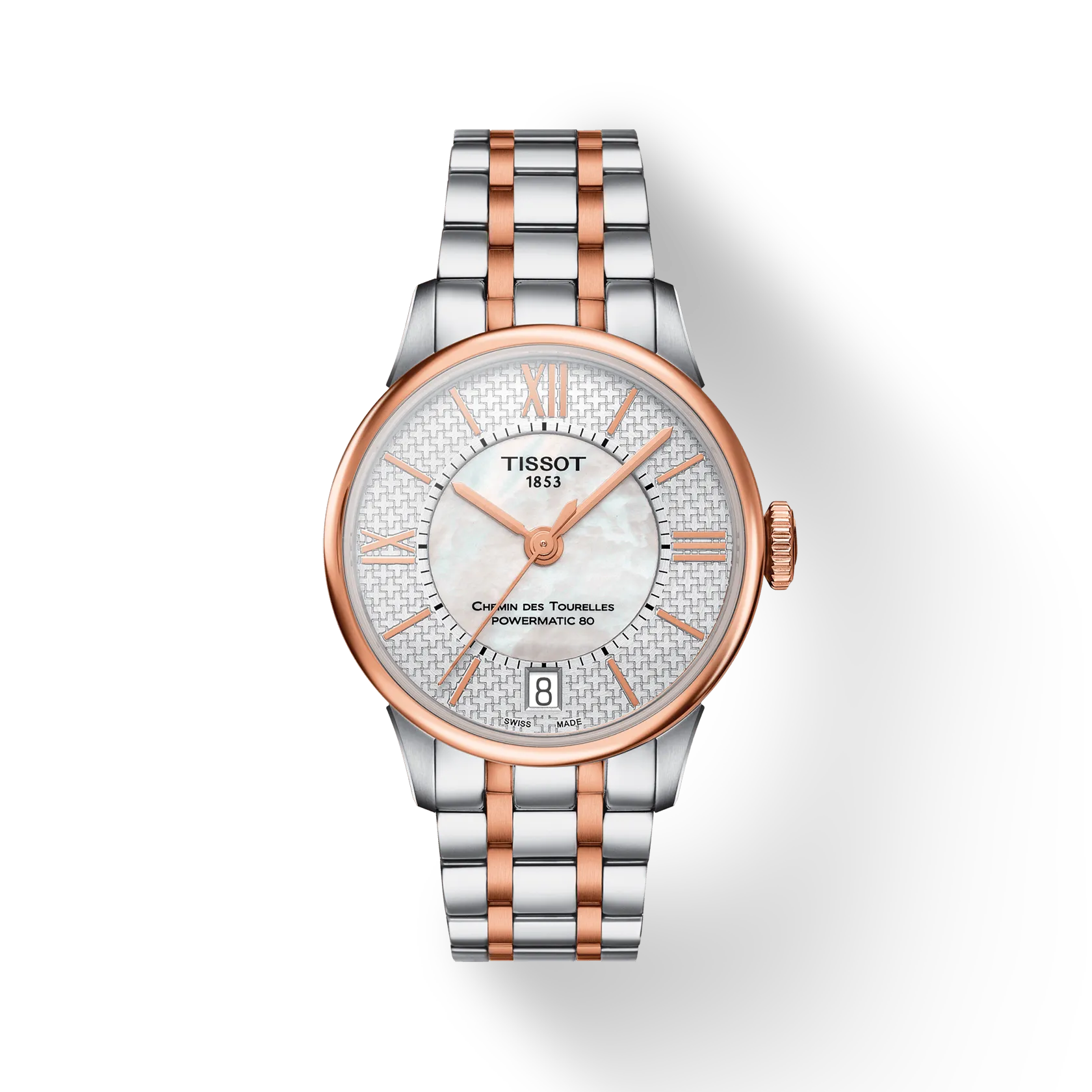 Front view of the watch Tissot Chemin des Tourelles Powermatic 80 Helvetic Pride Lady with shadow