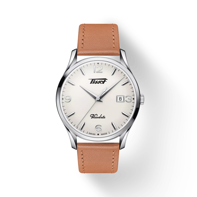 มุมมองด้านหน้าของนาฬิกา Tissot Heritage Visodate พร้อมเงา