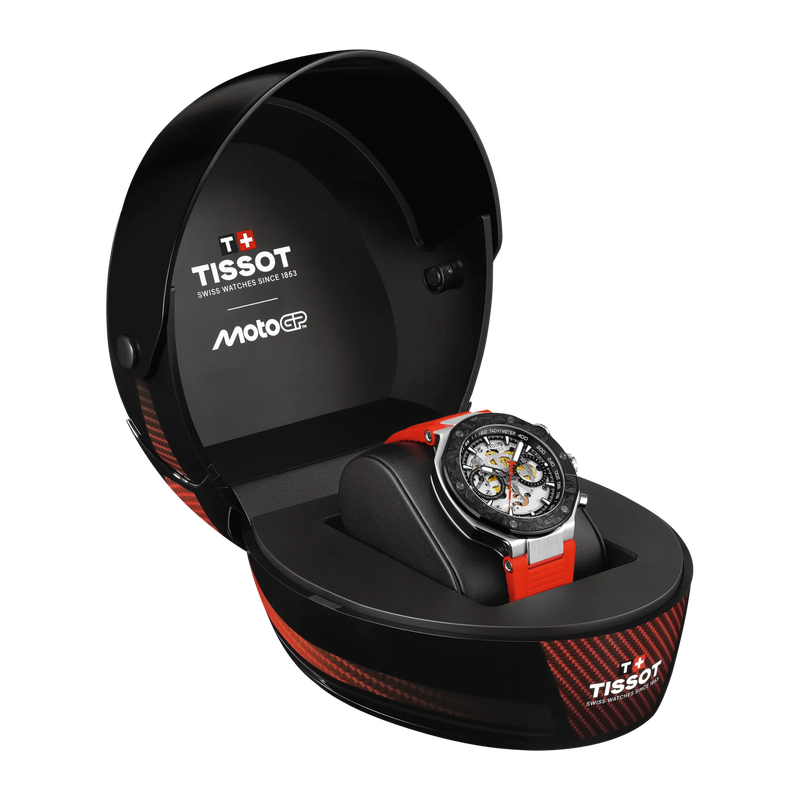 開いた状態の時計TISSOT T-レース MotoGP 2026 45mm の正面図