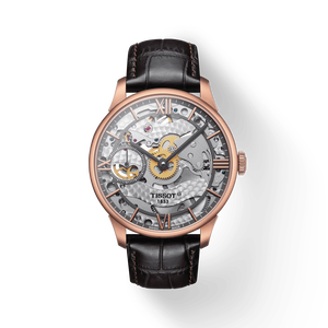 Front view of the watch Tissot Chemin des Tourelles Squelette Mechanical with shadow