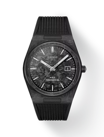 Front view of the watch Tissot PRX Carbon 40.5mm with shadow