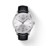 Front view of the watch Tissot Chemin des Tourelles Powermatic 80 with shadow