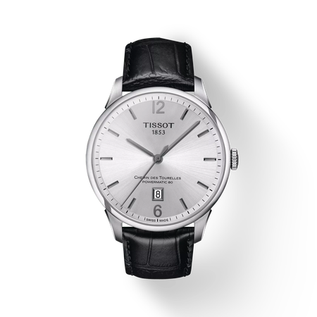 Front view of the watch Tissot Chemin des Tourelles Powermatic 80 with shadow