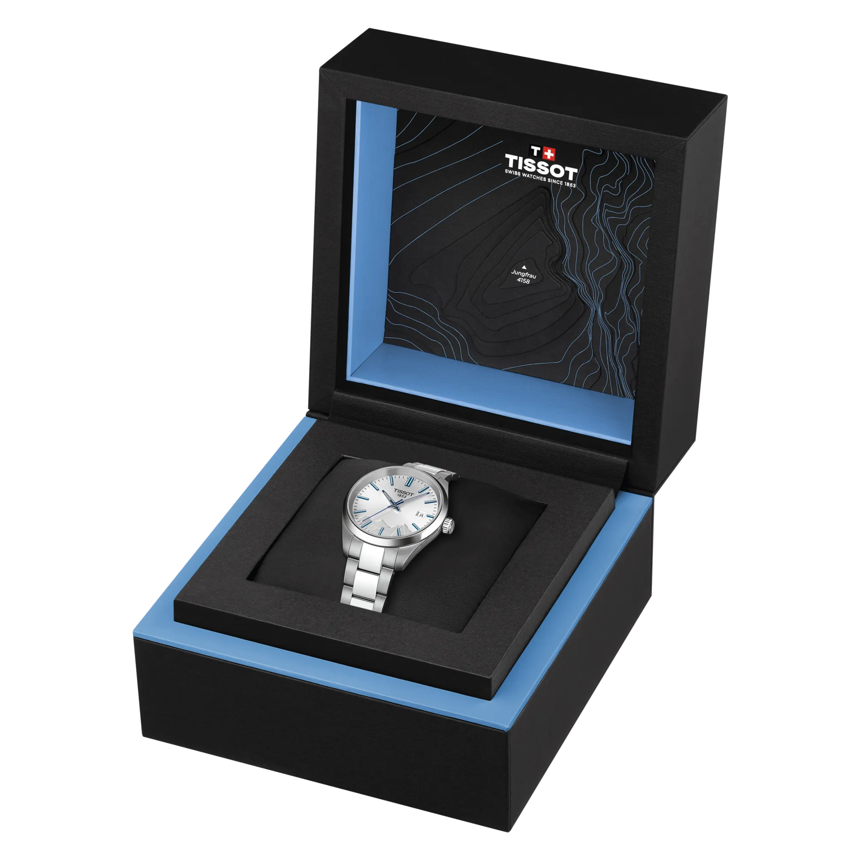 시계 티쏘 PR 100 융프라우 쿼츠 34mm의 앞면이 열린 상태입니다.