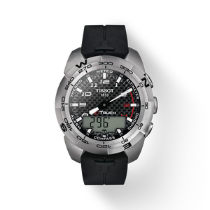 Front view of the watch Tissot T-Touch Expert Titanium with shadow