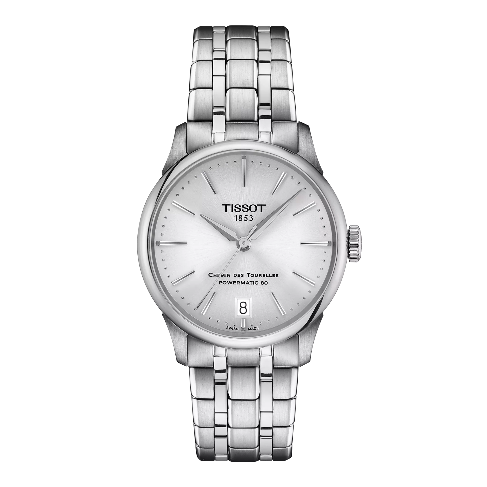 Front view of the watch Tissot Chemin des Tourelles Powermatic 80 34 mm