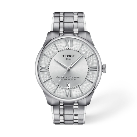 Front view of the watch Tissot Chemin Des Tourelles 42mm with shadow