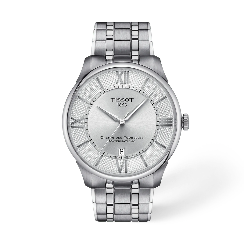 Vue de face de la montre Tissot Chemin Des Tourelles 42mm avec ombre