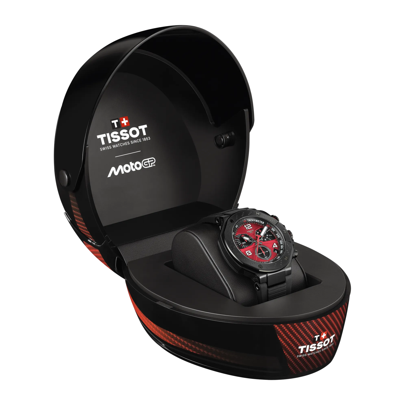 Vista frontal del reloj Tissot T-Race MotoGP 2026 45mm con apertura