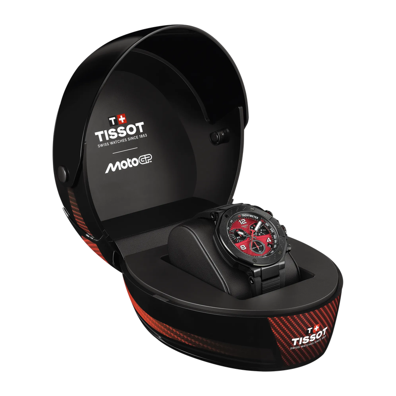 Vista frontal del reloj Tissot T-Race MotoGP 2026 45mm con apertura