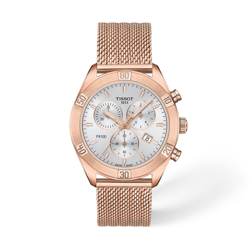 Front view of the watch Tissot PR 100 Sport Chic 38mm with shadow